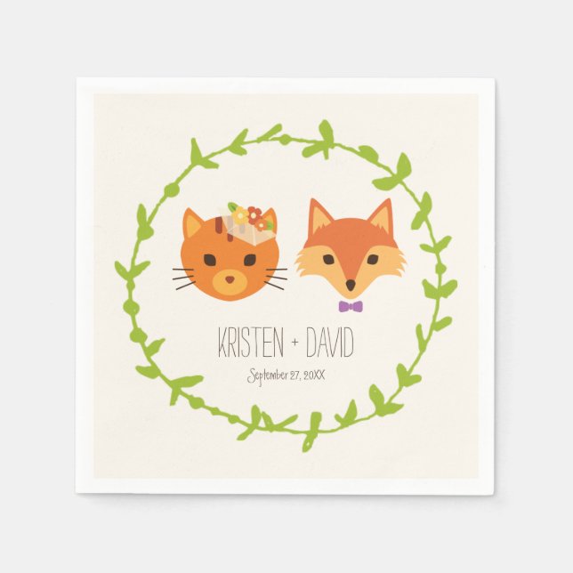 Serviette En Papier Le renard et le Mariage rustique du bois (Devant)