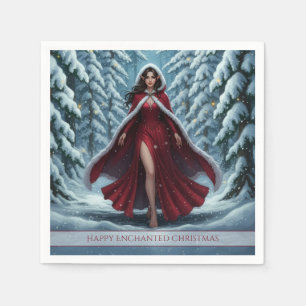 Serviette En Papier L'elfe de Noël en rouge dans la forêt hivernale en