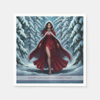 Serviette En Papier L'elfe de Noël en rouge dans la forêt hivernale en