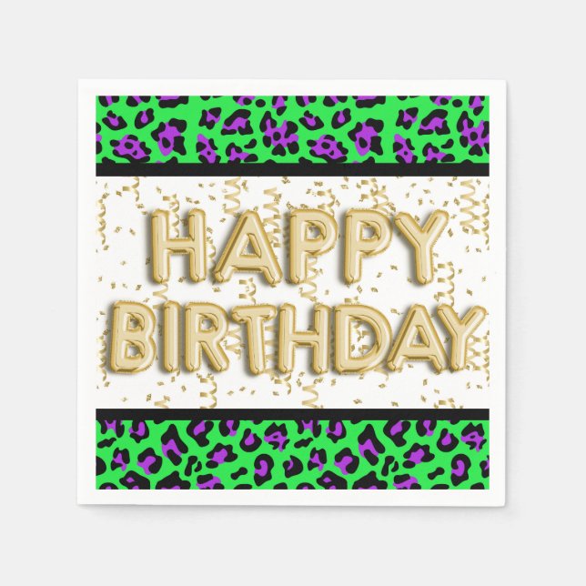 Serviette En Papier Leopard Purple Green Gold Joyeux anniversaire (Devant)