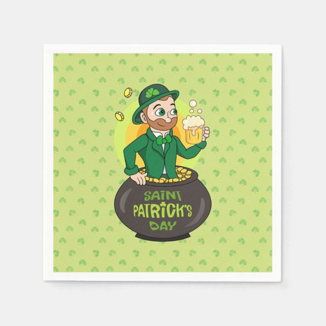 Serviette En Papier Leprechaun de dessin dans une casserole d'or tenan (Devant)