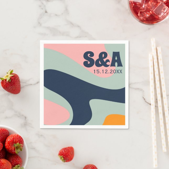 Serviette En Papier les années 70 rétro Super Pastel rose bleu orange  (En situation)