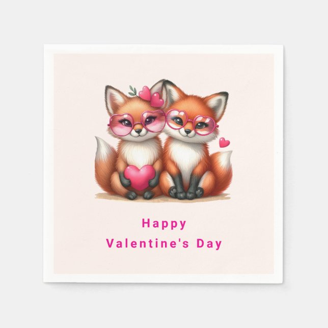 Serviette En Papier Les mignons renards orange en amour Saint-Valentin (Devant)