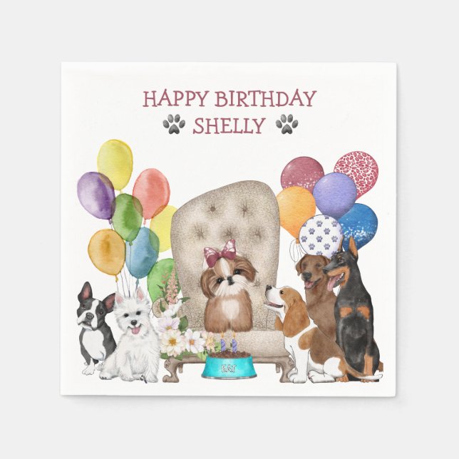 Serviette En Papier Les Petits Chiots Souhaitent Joyeux Anniversaire (Devant)