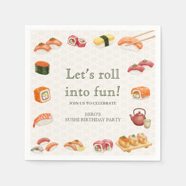 Serviette En Papier Let’s Roll into Fun! Sushi Birthday Party Invitati (Devant)