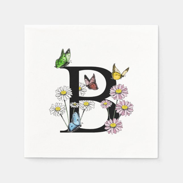Serviette En Papier Lettre B Floral Aquarelle Papillon Monogramme (Devant)