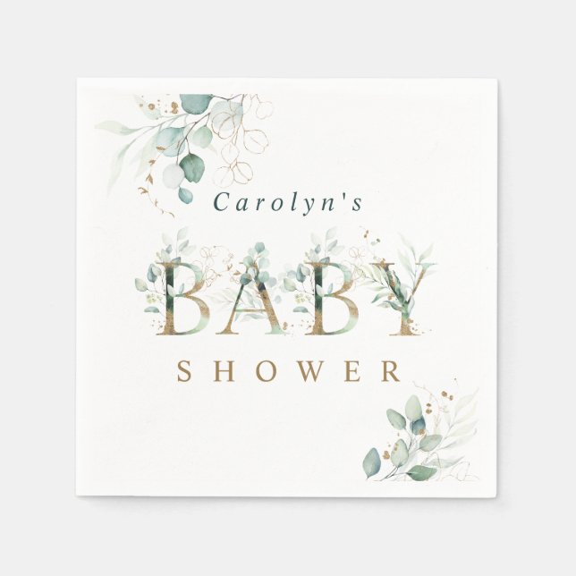 Serviette En Papier LETTRE BOtanique D'OR Eucalyptus Baby shower (Devant)
