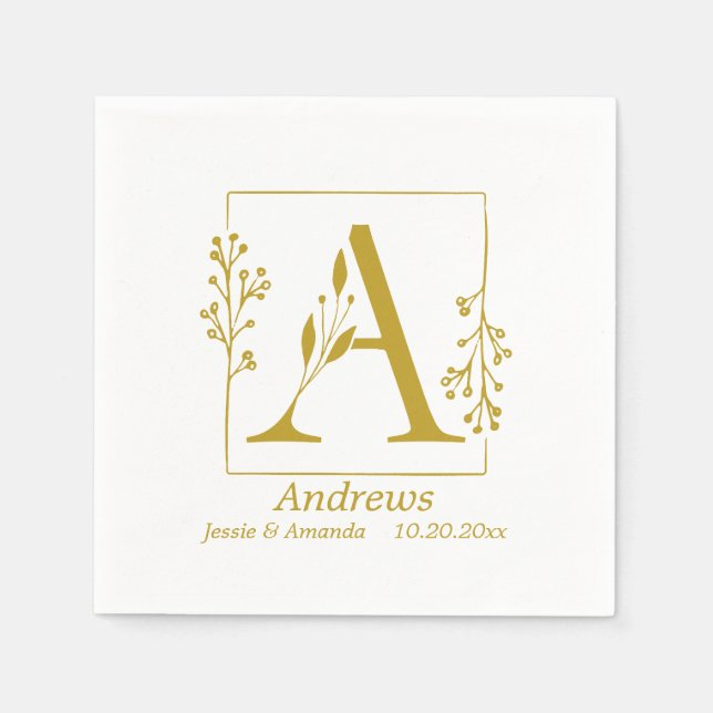 Serviette En Papier Lettre botanique d'or moderne A personnalisée (Devant)