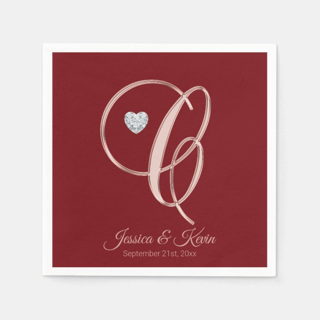 Serviette En Papier Lettre élégante C Bourgogne Rose Mariage or (Devant)