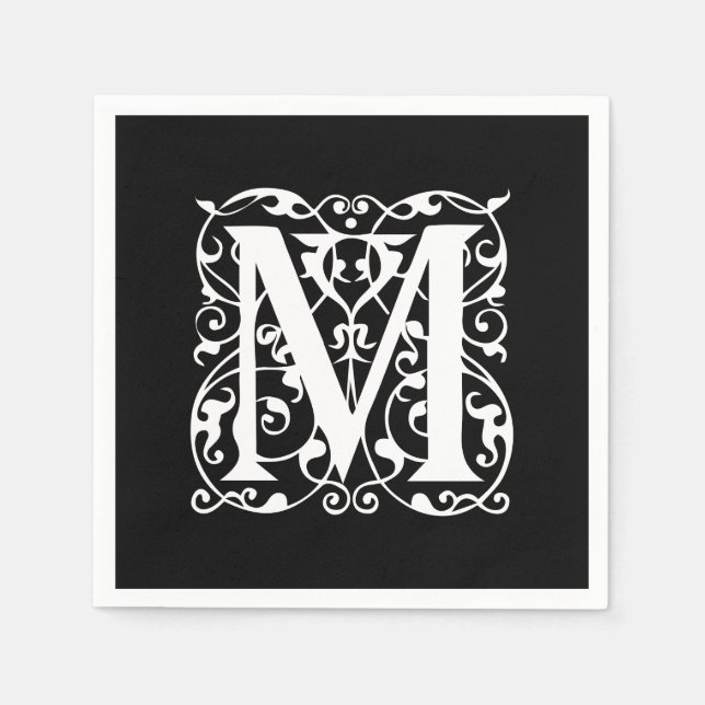 Serviette En Papier Lettre élégante M Blanc sur Monogramme noir (Devant)