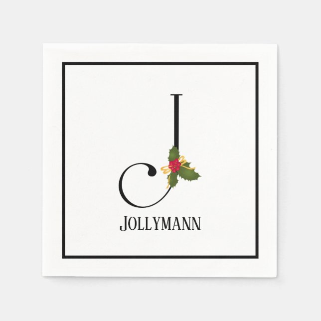 Serviette En Papier Lettre Holiday Holly Monogram J Papier Napkin (Devant)