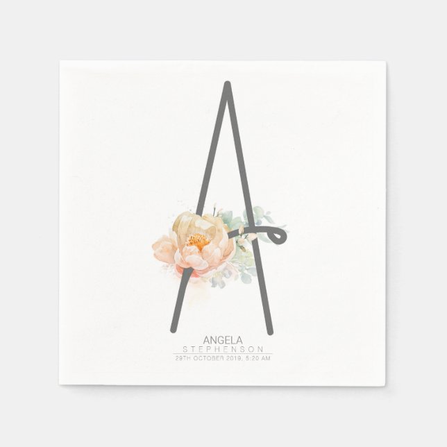 Serviette En Papier Lettre Monogram Blush Peach Floral CR (Devant)