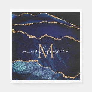 Serviette En Papier Lettre monogramme Nom Agate Marine Blue Gold Napki