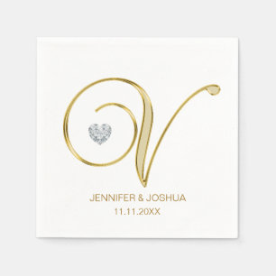 Serviette En Papier Lettre Monogramme personnalisée V Gold Heart Maria