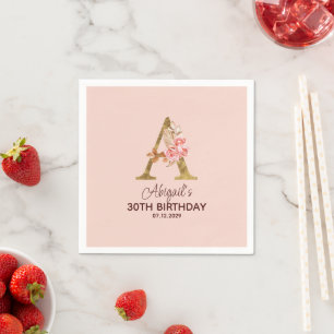 Serviette En Papier Lettre personnalisée A Roses rose blush or