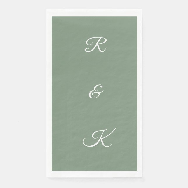 Serviette En Papier Lettres Monogrammes Vert Sage Blanc Mariage Élégan (Devant)