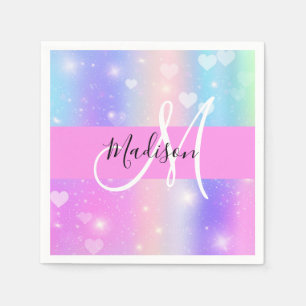 Serviette En Papier Licorne Arc-en-ciel Cœurs Monogramme Féminin Color