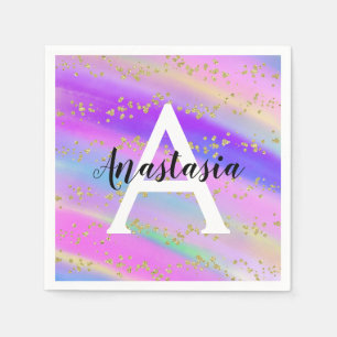 Serviette En Papier Licorne Arc-en-ciel Doré Pailleté Monogramme Color