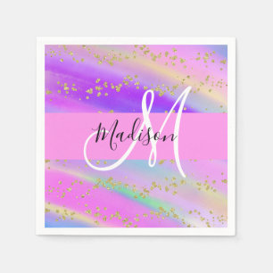 Serviette En Papier Licorne Arc-en-Ciel Doré Pailleté Monogramme Color