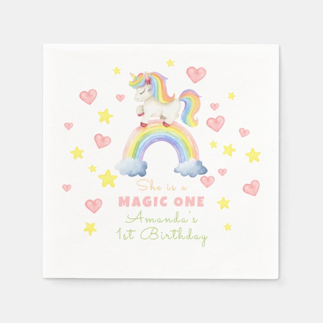 Serviette En Papier Licorne Arc-en-Ciel Magie Un Premier Anniversaire (Devant)