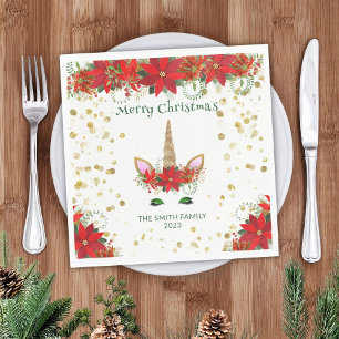 Serviette En Papier Licorne de Noël Poinsettia avec fête de police ver