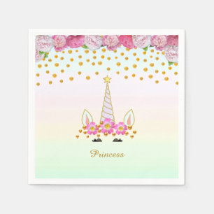 Serviette En Papier Licorne, fleurs roses et confettis dorés