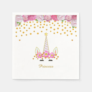 Serviette En Papier Licorne, fleurs roses et confettis dorés