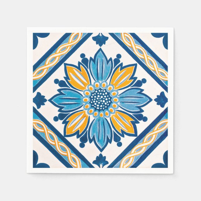 Serviette En Papier Ligh Blue Jaune Azulejo Méditerranée (Devant)