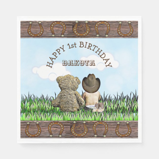 Serviette En Papier Lil' Cowboy et Teddy Bear Premier anniversaire (Devant)