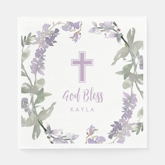 Serviette En Papier Lilac Fleur sauvage Wreath & Cross Baptême Dieu Bé (Devant)