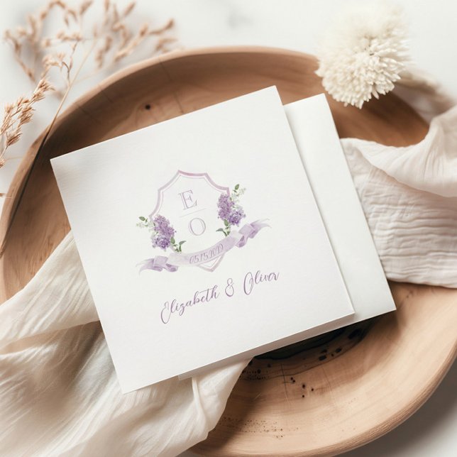 Serviette En Papier Lilac Floral Monogram Crest Mariage (Créateur téléchargé)