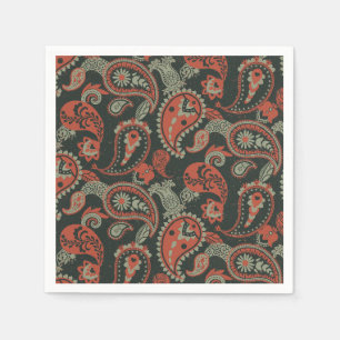 Serviette En Papier Linocut Traditionnel Paisley Chaud Orange Mint Ver