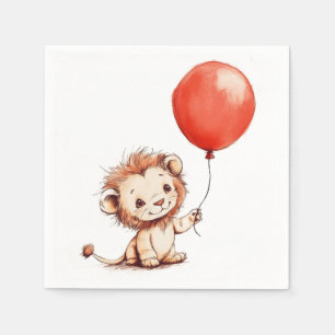 Serviette En Papier Lion bébé joueuse avec ballon rouge