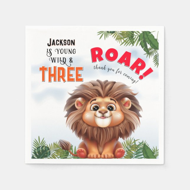 Serviette En Papier Lion Safari Wild & Trois Anniversaires de enfants (Devant)