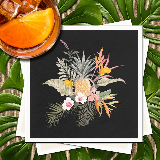 Serviette En Papier Liquide d'hibiscus d'ananas tropical sur noir (Tropical Pineapple Hibiscus Foliage on Black Napkins)
