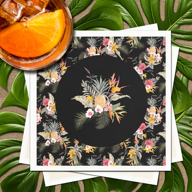 Serviette En Papier Liquide d'hibiscus d'ananas tropical sur noir (Tropical Pineapple Hibiscus Foliage on Black Napkins)