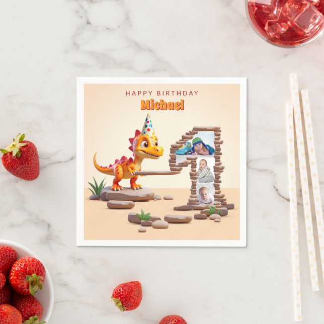 Serviette En Papier Little Dino Dragon | 1er anniversaire photo grand  (En situation)