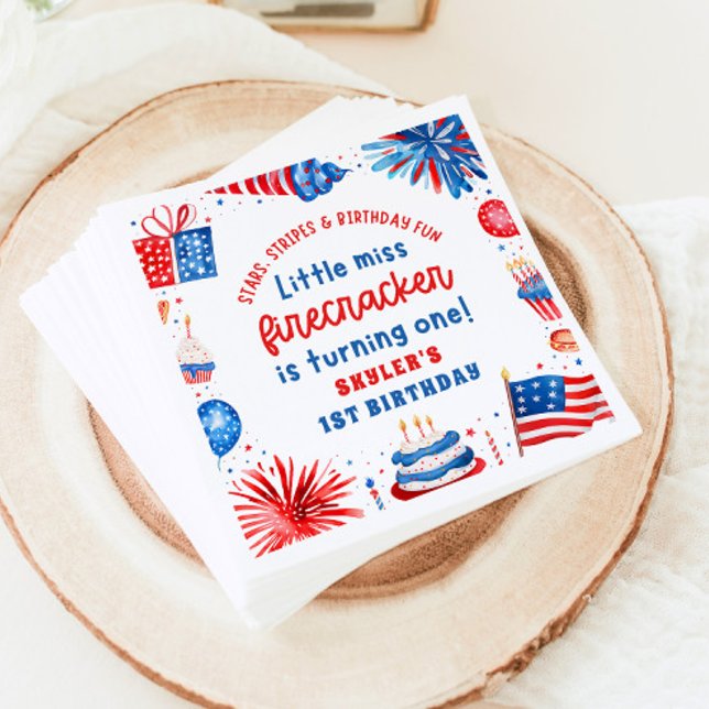 Serviette En Papier Little Miss Firecracker 4 juillet 1er anniversaire (Little Miss Firecracker 4th of July 1st Birthday Paper Dinner Napkins)