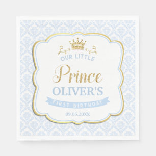 Serviette En Papier Little Prince Blue Damask Gold Crown 1er anniversa