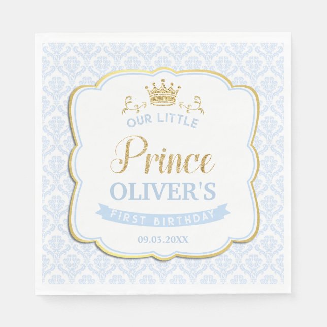 Serviette En Papier Little Prince Blue Damask Gold Crown 1er anniversa (Devant)