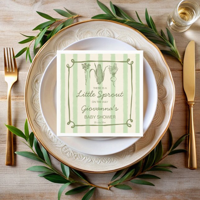 Serviette En Papier Little sprout is on the way stripped Baby Shower (Little sprout is on the way sage green retro stripes Baby Shower personalized monogrammed Napkins)