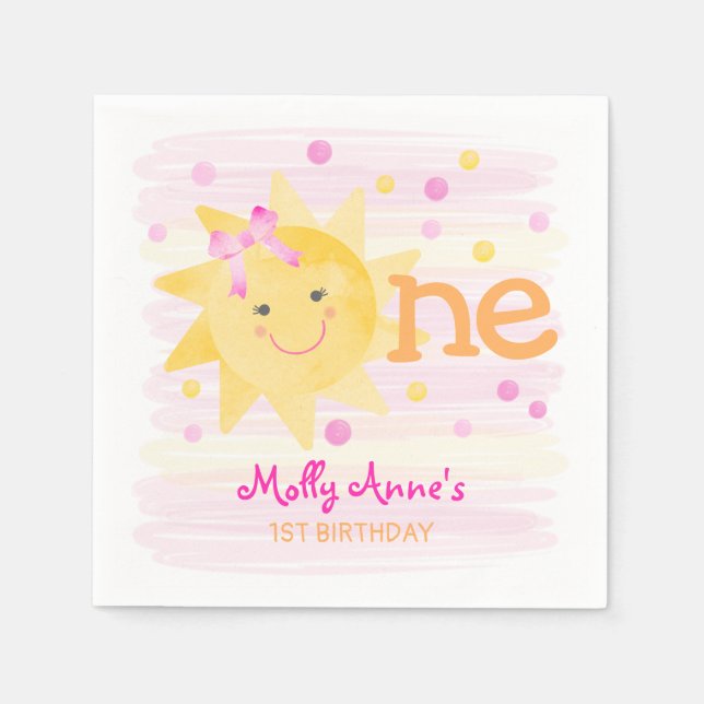 Serviette En Papier Little Sunshine 1er anniversaire fille rose jaune (Devant)