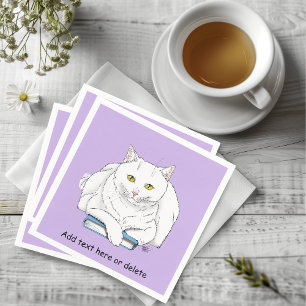 Serviette En Papier Livre de chat blanc drôle lisant humour violet