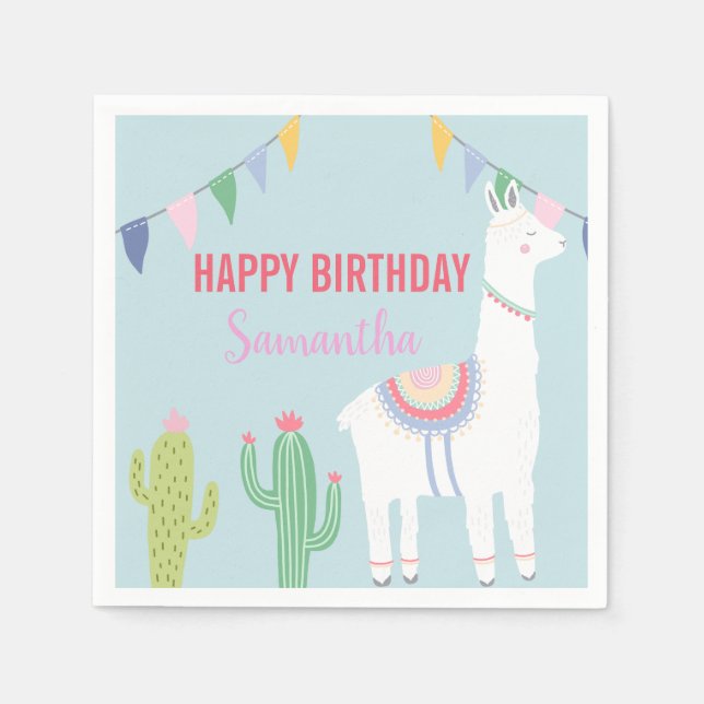Serviette En Papier Llama Anniversaire Fête Cute Fiesta Cactus Succule (Devant)