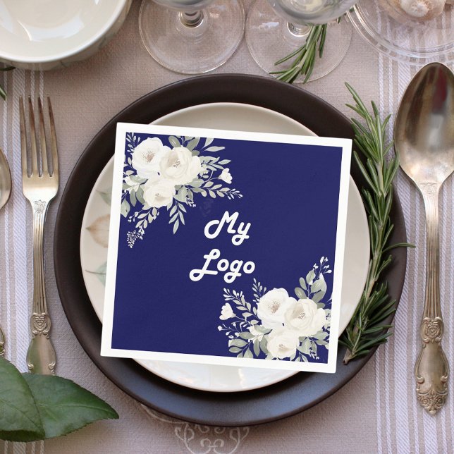 Serviette En Papier logo commercial bleu marine florale blanche (Créateur téléchargé)