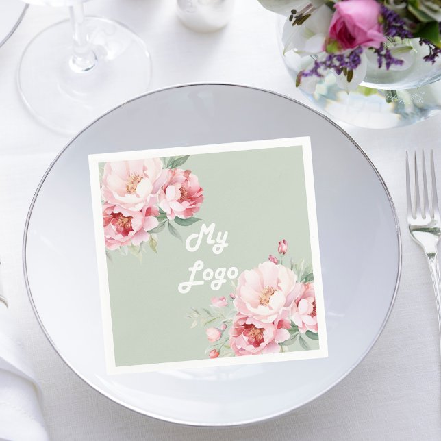 Serviette En Papier Logo de l'entreprise de fleurs rose vertes Sage (Créateur téléchargé)