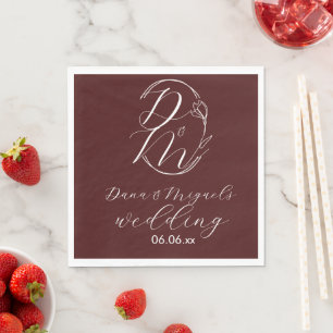 Serviette En Papier Logo de mariage floral élégant et délicat bordeaux