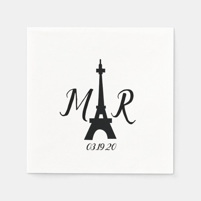 Serviette En Papier Logo du Mariage de la tour Paris Blanc Noir (Devant)