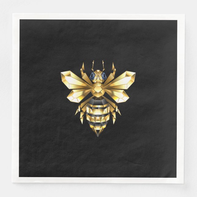 Serviette En Papier Logo Faux Gold Foil Bee Polygonal sur Noir (Devant)
