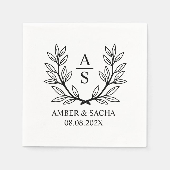 Serviette En Papier Logo Mariage Monogramme Personnalisé Avec Wreath (Devant)